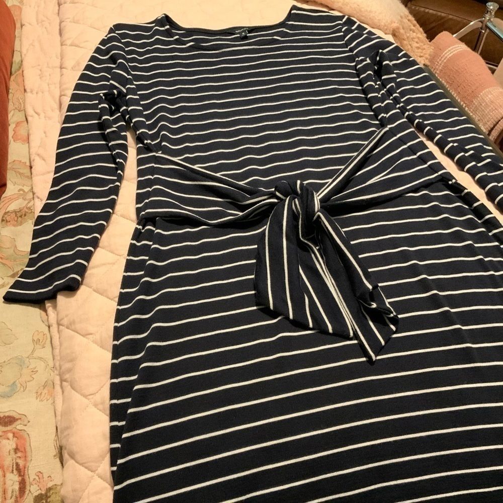 Nautica navy blue and white striped dress with tie